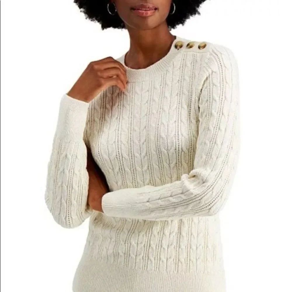 Charter Club Gold Metallic One Shoulder Button Sweater Size M NWT